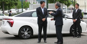 Prime Minister Shinzo Abe test driving Toyota's fuel cell sedan