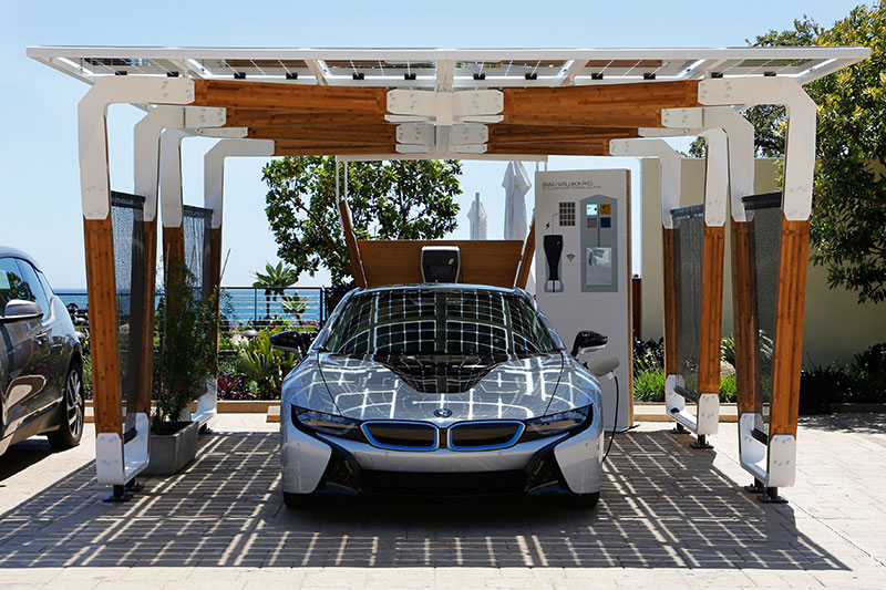 BMW solar powered bamboo EV carport