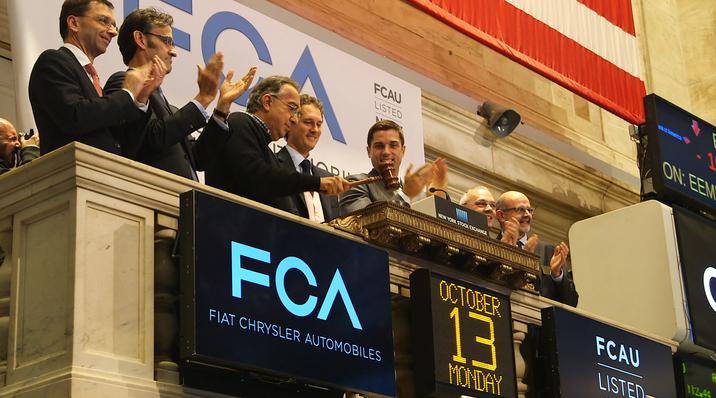 Fiat Chrysler Automobiles N.V. (FCA) Chairman John Elkann, Chief Executive Officer Sergio Marchionne, Chief Financial Officer Richard Palmer, together with other members of the FCA management team, ring the closing bell of the New York Stock Exchange following the automaker’s first day of trading on Wall Street.