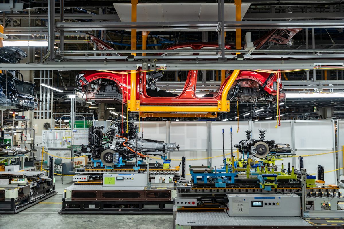A car being assembled on a production line