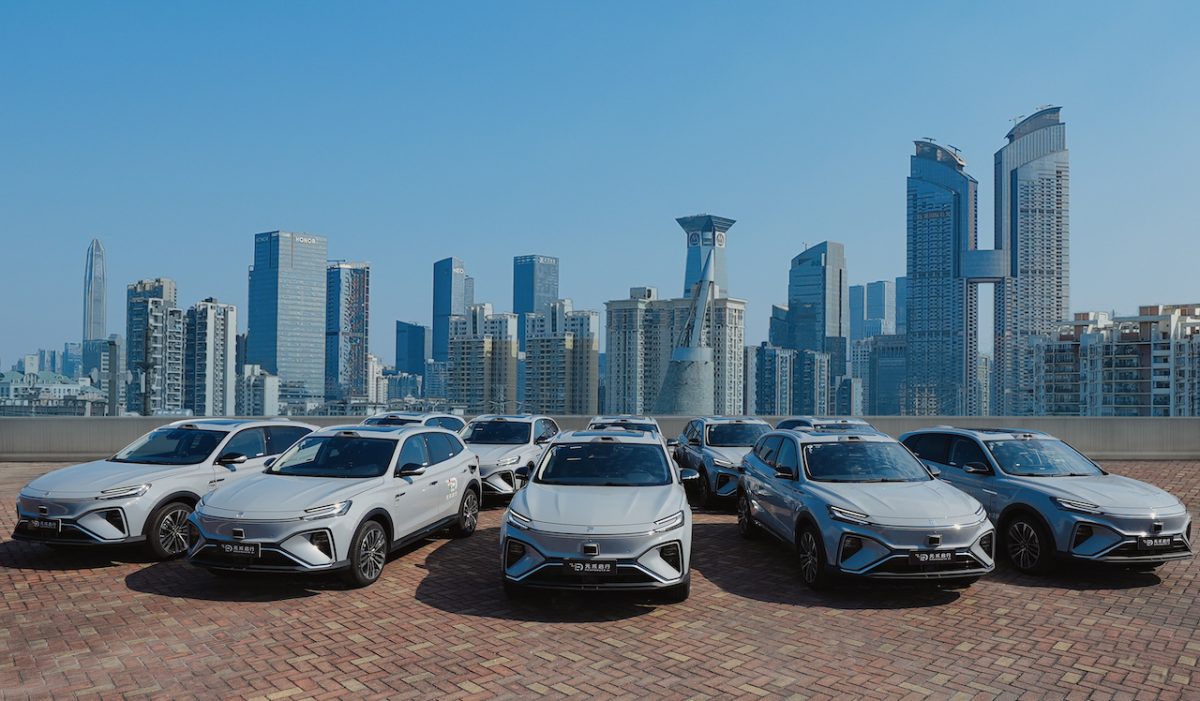 A fleet of silver/grey cars parked in front of a city